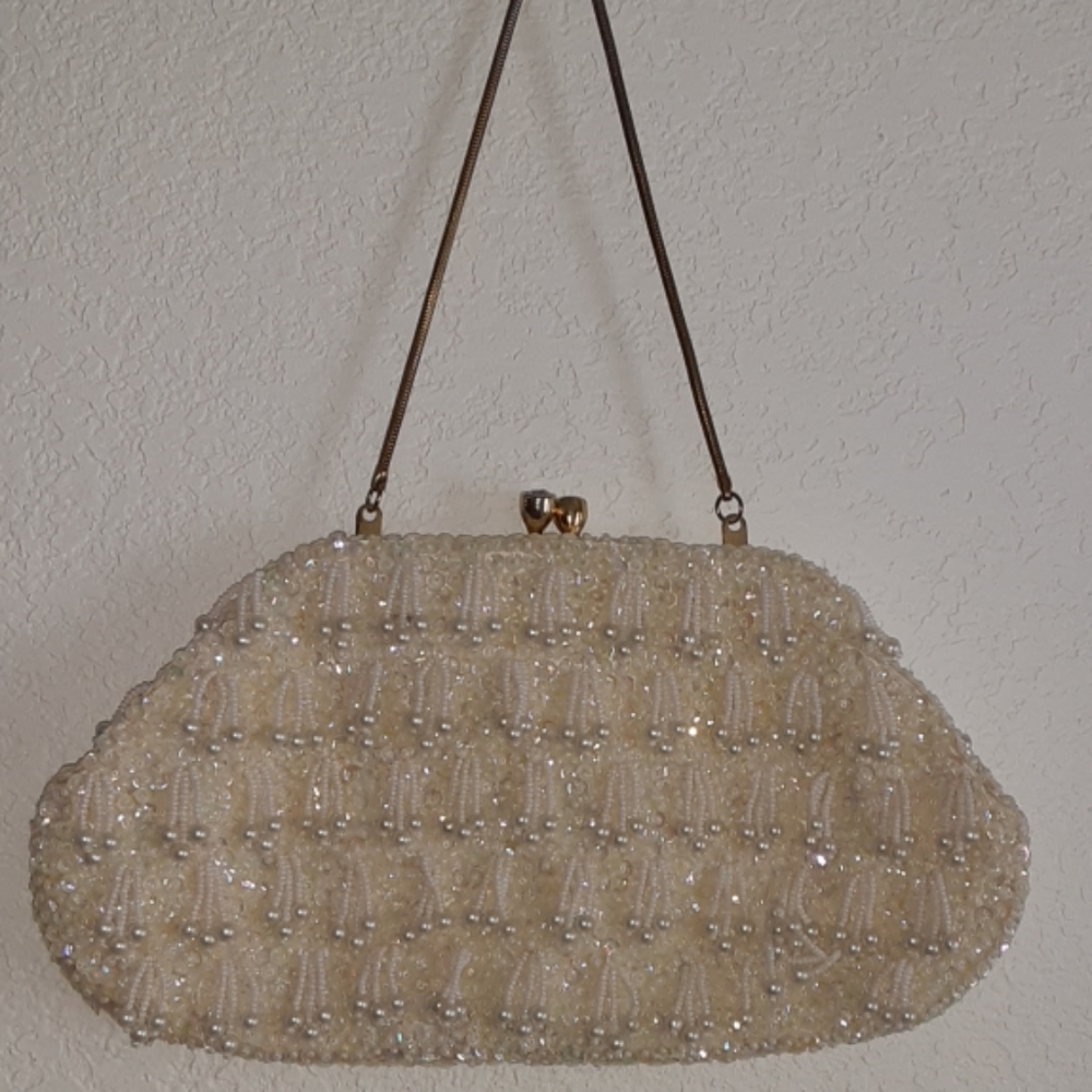 Handmade cream colored beaded evening bag